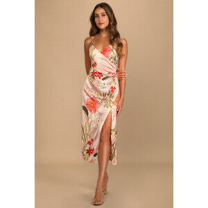 Lulus Remarkable Entrance Pink Floral Print Satin Midi Dress - Size X-Small